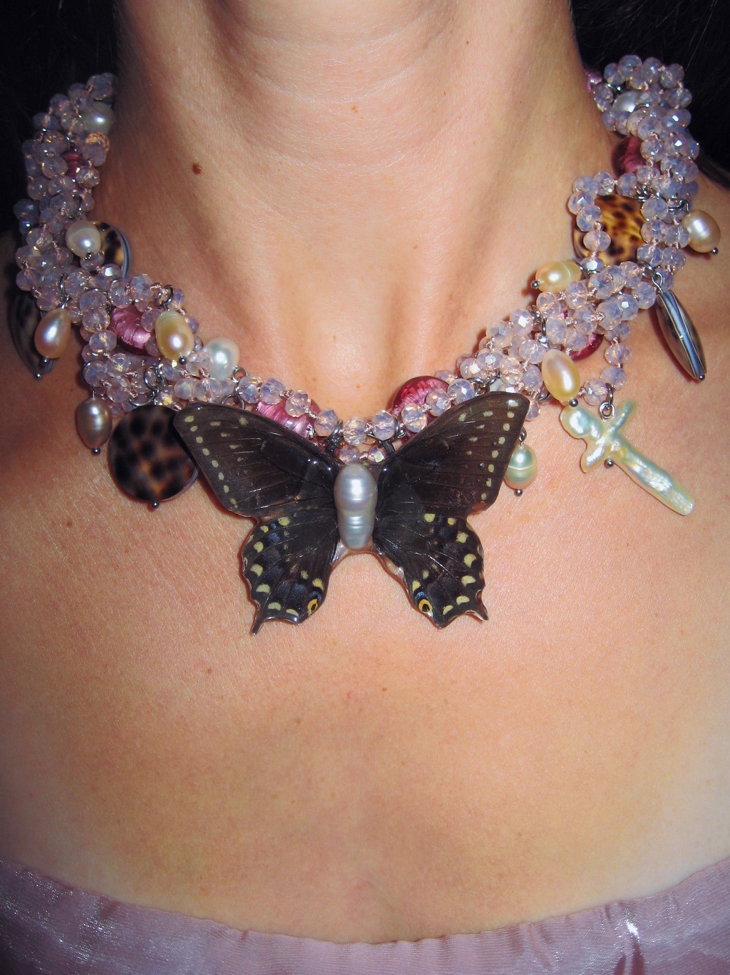 handmade butterfly necklace resin tiger cowrie shells faceted glass beads lampwork glass beads freshwater pearls black swallowtail butterfly stainless steel necklace